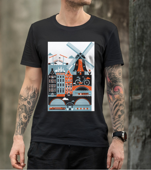Amsterdam Windmill Bicycle Canal Houses Tulip Boat Icons T-Shirt