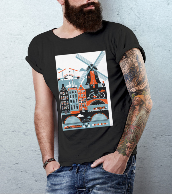 Amsterdam Windmill Bicycle Canal Houses Tulip Boat Icons T-Shirt