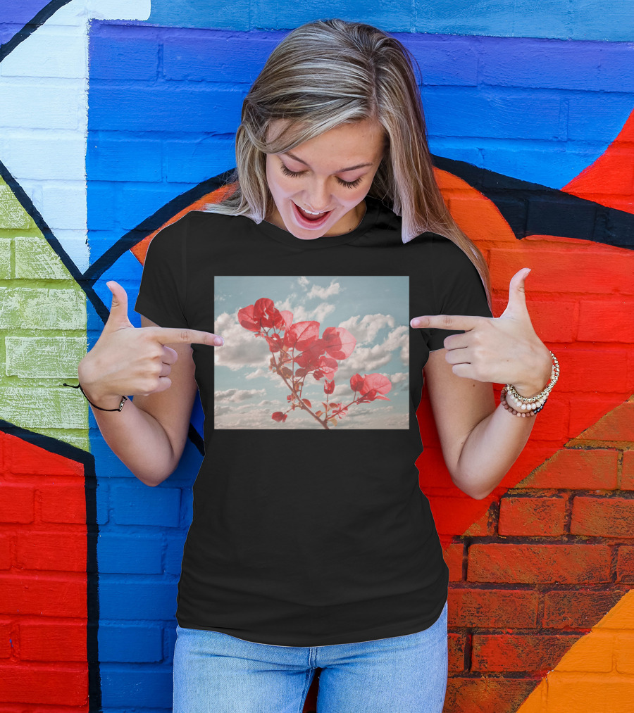 Flowers In The Sky Bougainvillea Against Blue Clouded Background T-Shirt