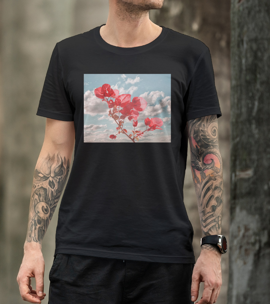 Flowers In The Sky Bougainvillea Against Blue Clouded Background T-Shirt