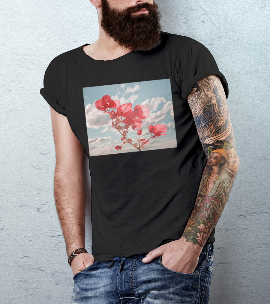 Flowers In The Sky Bougainvillea Against Blue Clouded Background T-Shirt