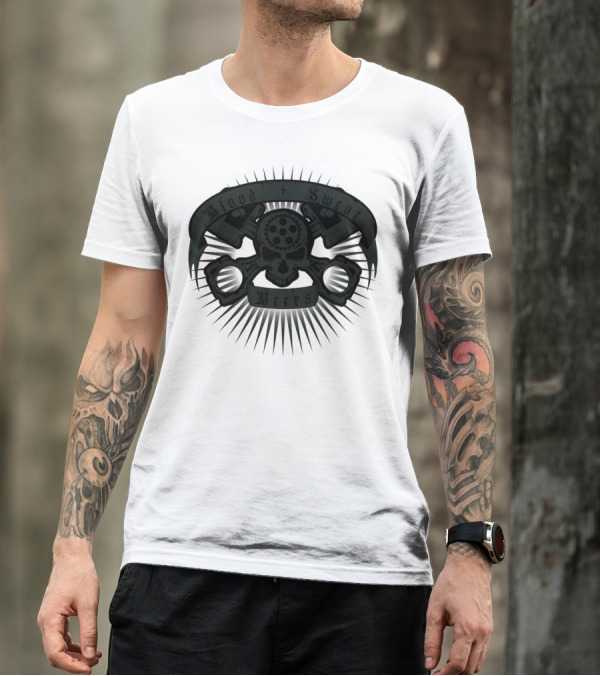 Blood Sweat Beers Skull And Pistons Iconography T-Shirt