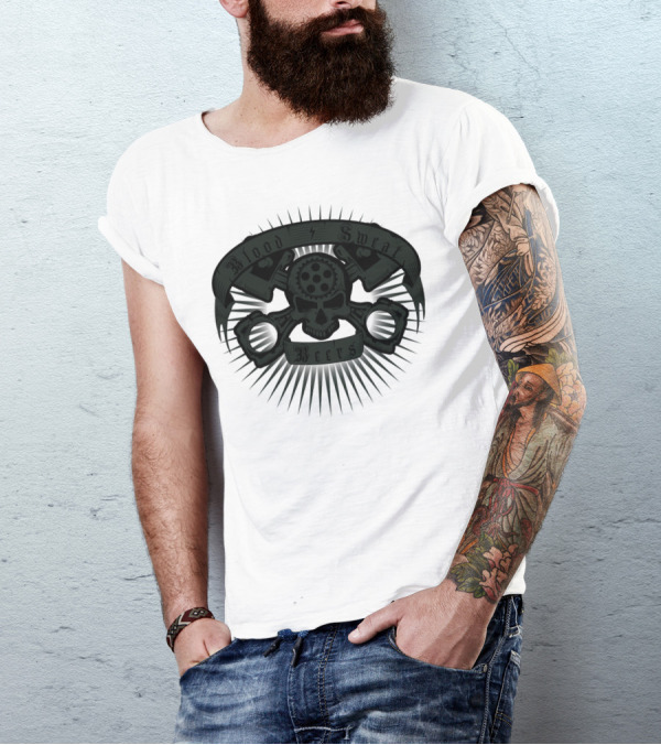 Blood Sweat Beers Skull And Pistons Iconography T-Shirt