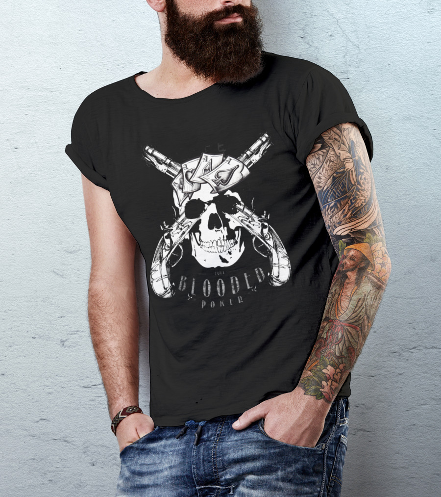 Skull With Crossed Pistols And Poker Cards Blooded Poker T-Shirt