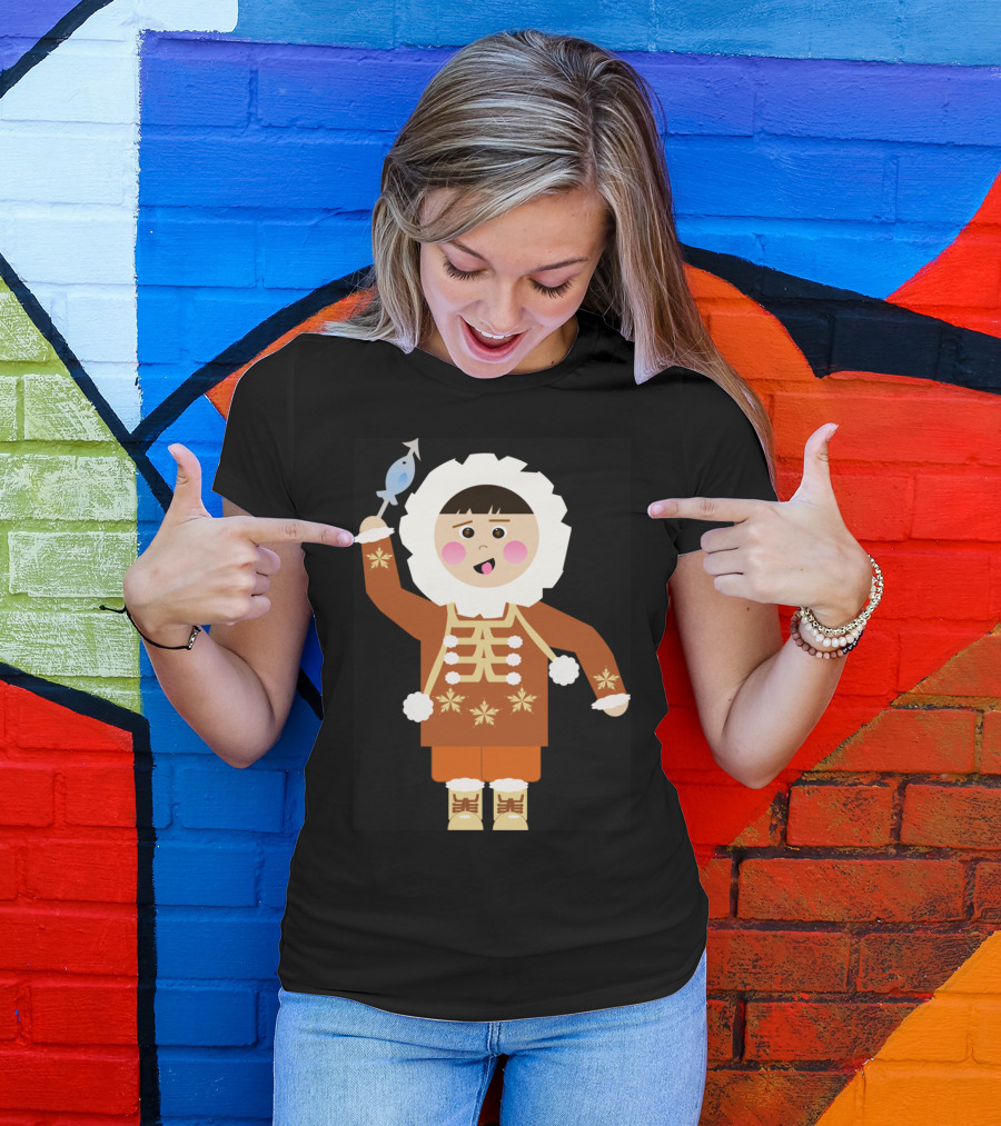 Eskimo Lescap Cute Character Holding Fish T-Shirt
