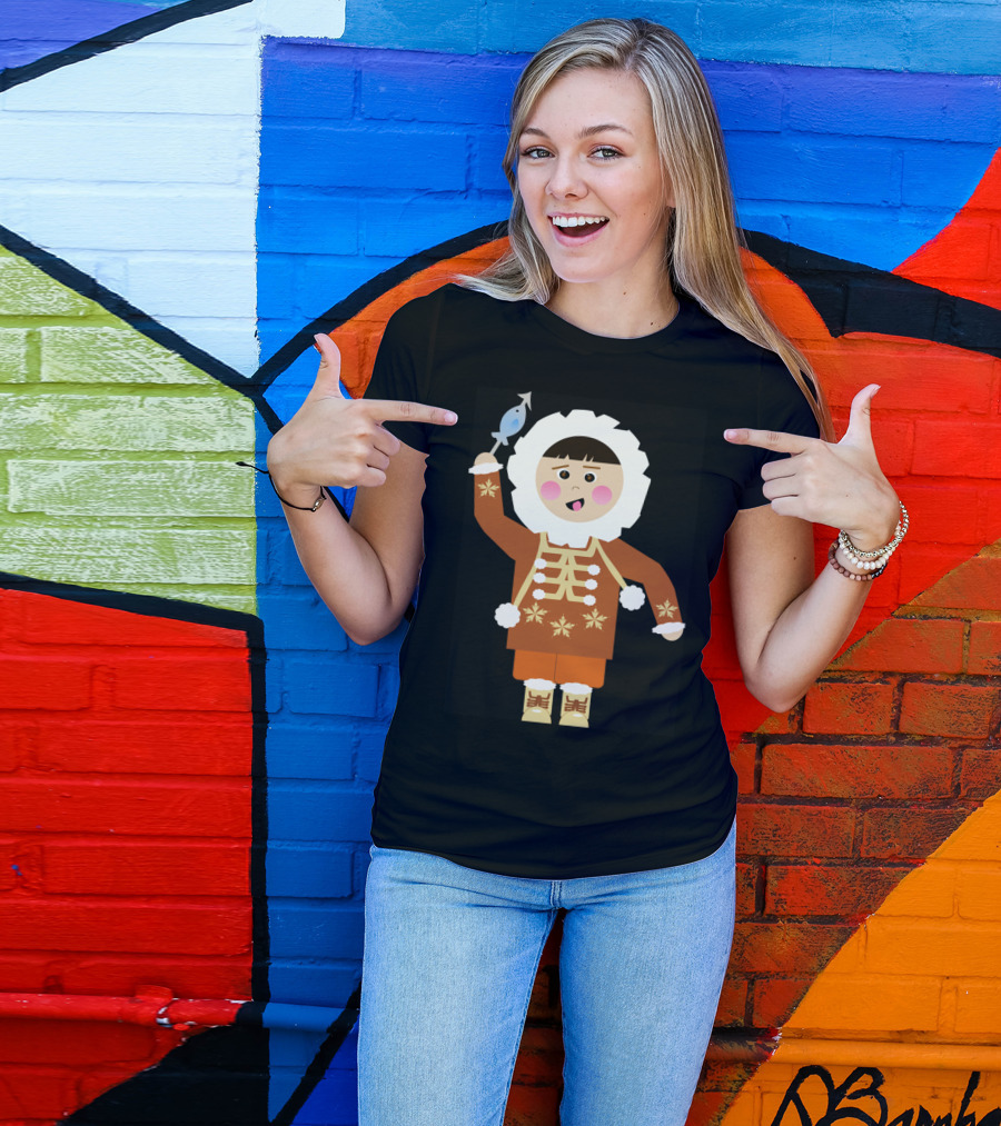 Eskimo Lescap Cute Character Holding Fish T-Shirt