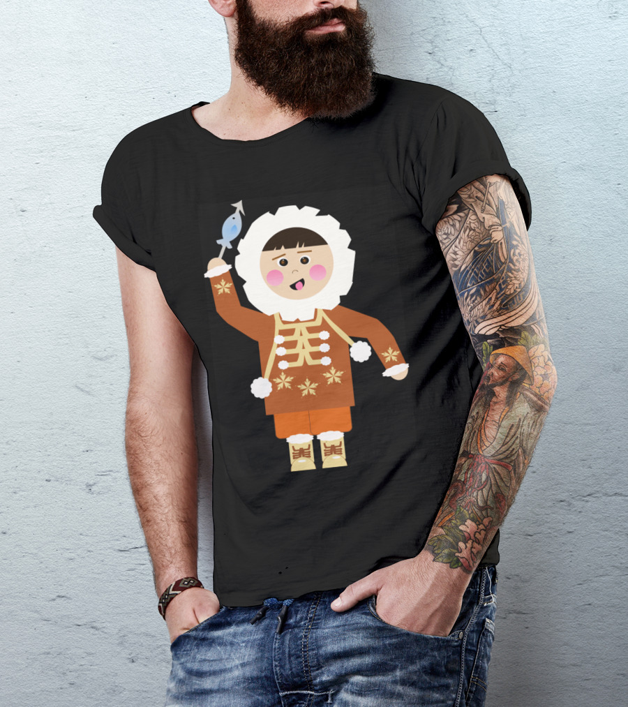 Eskimo Lescap Cute Character Holding Fish T-Shirt