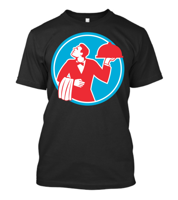 Butler Serving Food Platter In Red And Blue Circular Emblem T-Shirt