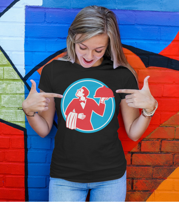 Butler Serving Food Platter In Red And Blue Circular Emblem T-Shirt