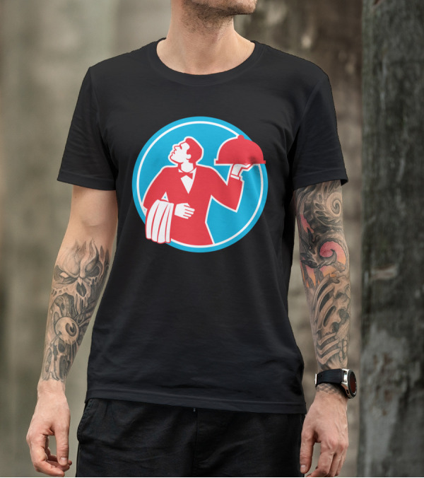 Butler Serving Food Platter In Red And Blue Circular Emblem T-Shirt