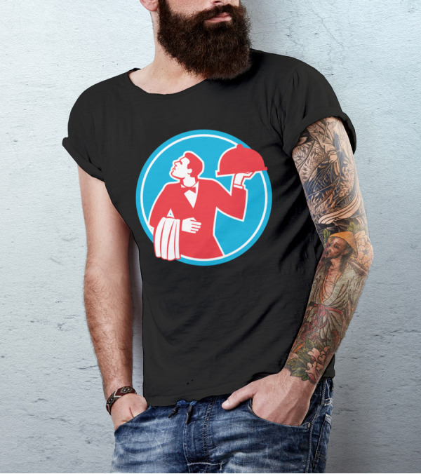 Butler Serving Food Platter In Red And Blue Circular Emblem T-Shirt