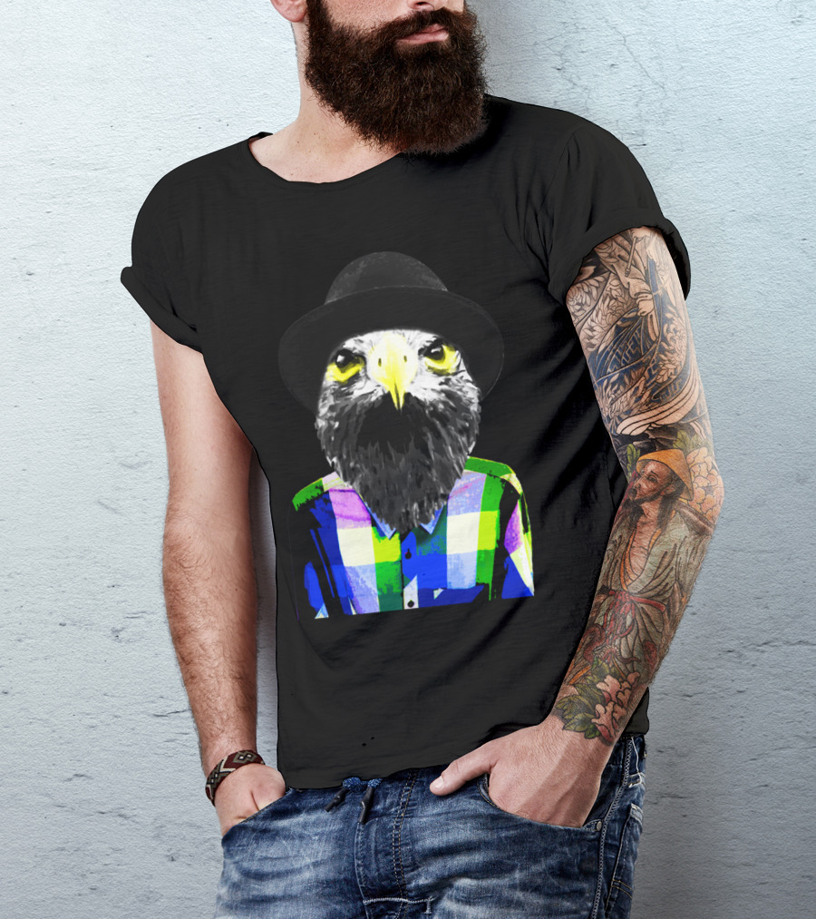 An American Eagle In Brooklyn With Hat And Plaid T-Shirt
