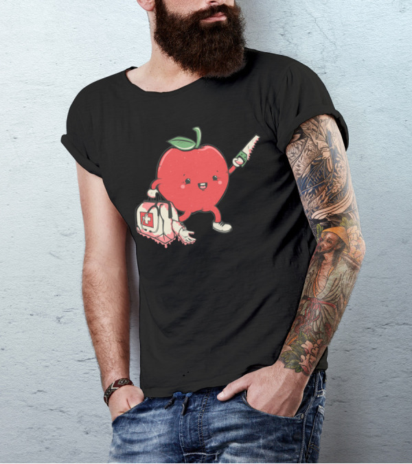 Evil Apple With Bloody Saw And Medical Bag T-Shirt