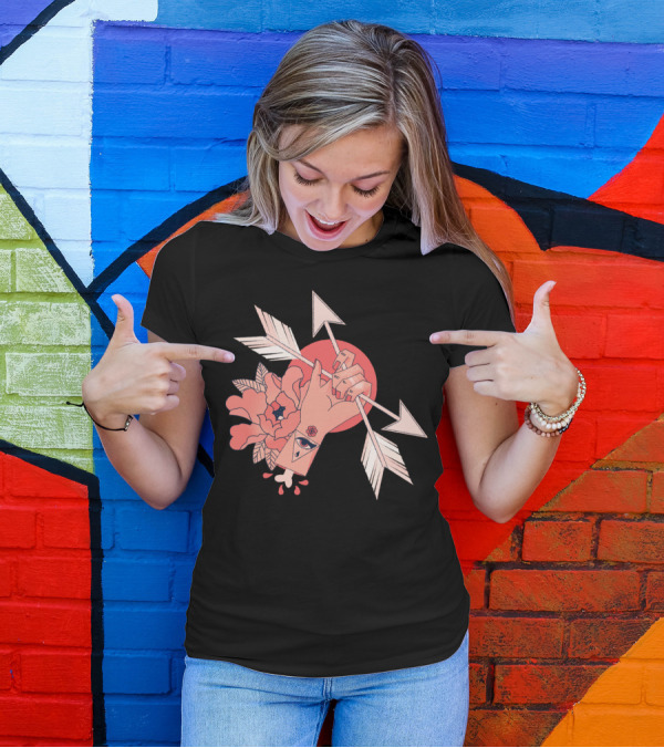 An Arrow Through Hand With Floral And Eye Symbol Background T-Shirt