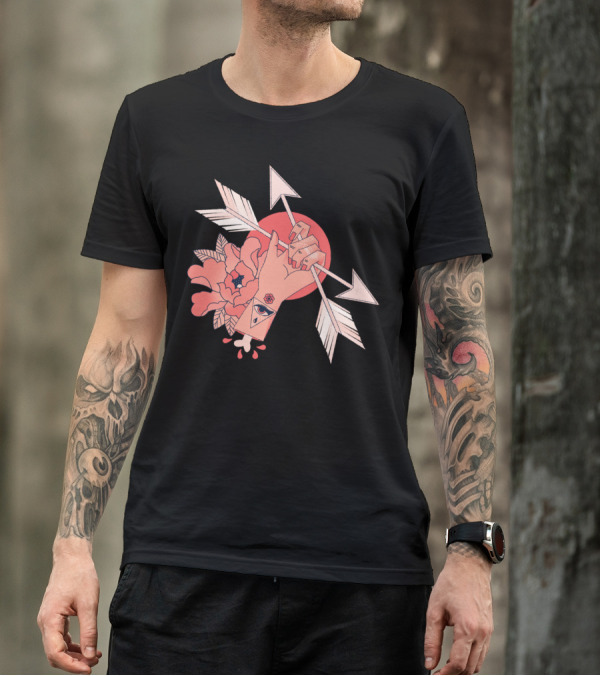 An Arrow Through Hand With Floral And Eye Symbol Background T-Shirt