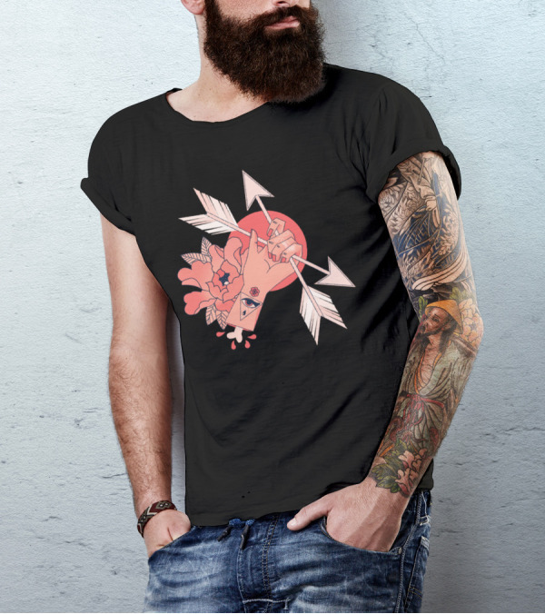 An Arrow Through Hand With Floral And Eye Symbol Background T-Shirt