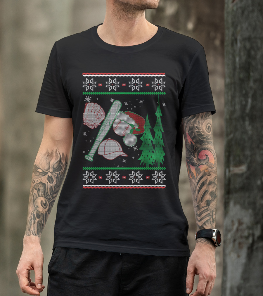 Christmas Baseball Bat Glove Cap Tree Snowflakes T-Shirt