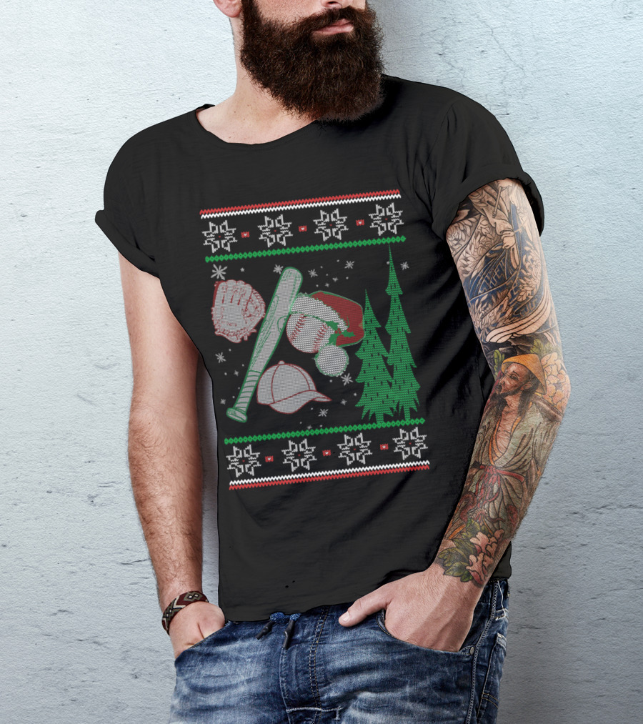 Christmas Baseball Bat Glove Cap Tree Snowflakes T-Shirt