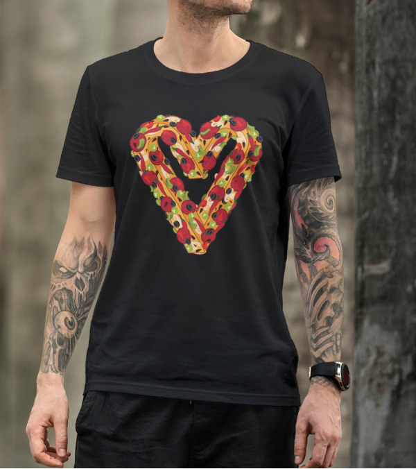 Heart Shaped Pizza Slice Pattern With Peppers And Olives T-Shirt