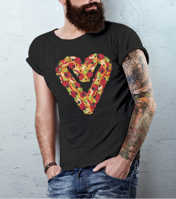 Heart Shaped Pizza Slice Pattern With Peppers And Olives T-Shirt