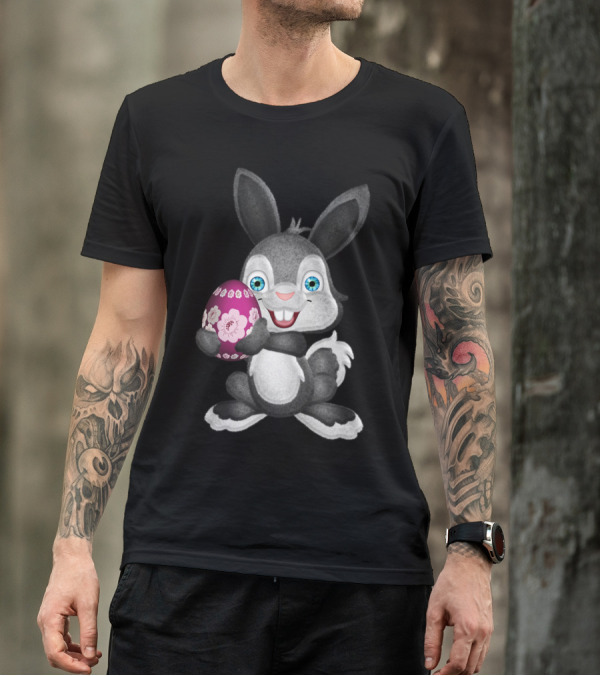 Playful Fluffy Easter Bunny Holding Pink Floral Egg T-Shirt