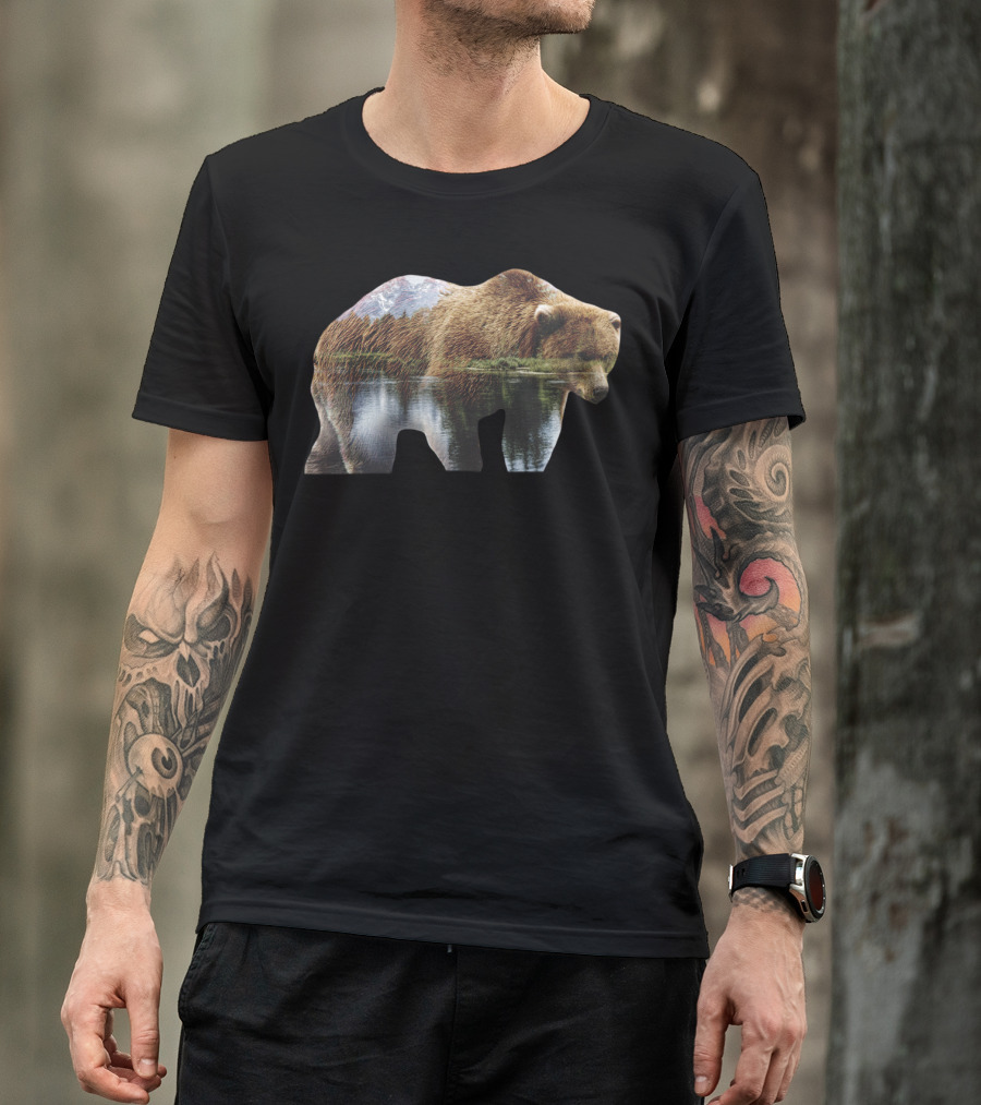 Nature Bear Double Exposure Design With River And Mountain Scenery T-Shirt