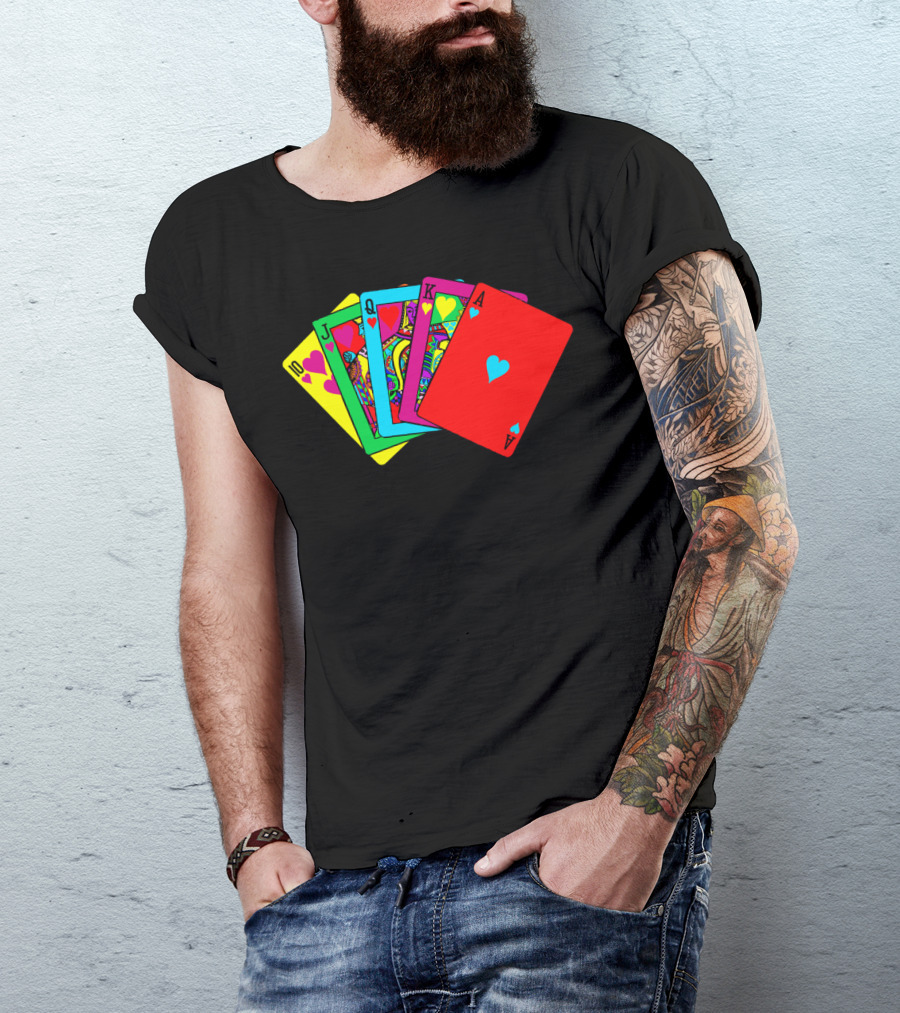 Fluorescent Royal Flush Neon Playing Cards Hearts T-Shirt