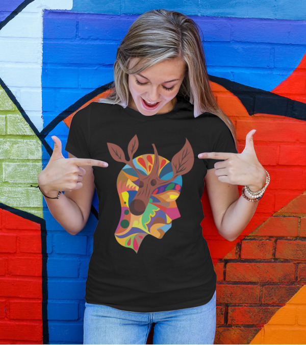 Ramas Colorful Abstract Deer Antlers Head T-Shirt