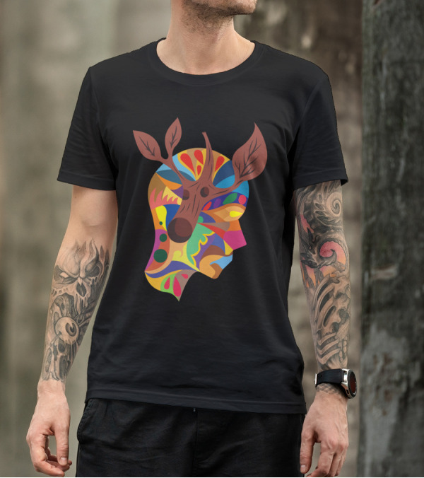 Ramas Colorful Abstract Deer Antlers Head T-Shirt