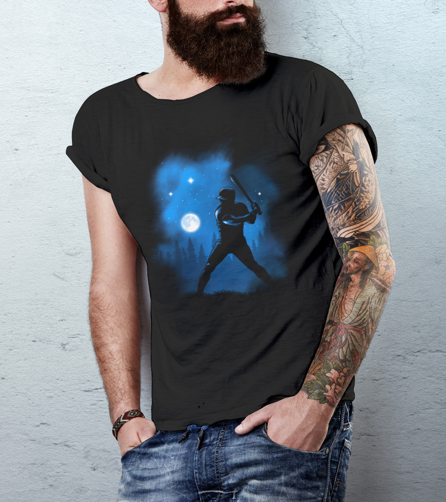 Baseball Player Silhouette Swinging Bat At Night Sky Moon And Stars T-Shirt