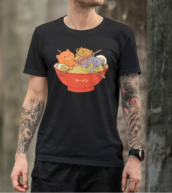 Ramen Noodles And Cats In Japanese Bowl With Chopsticks T-Shirt