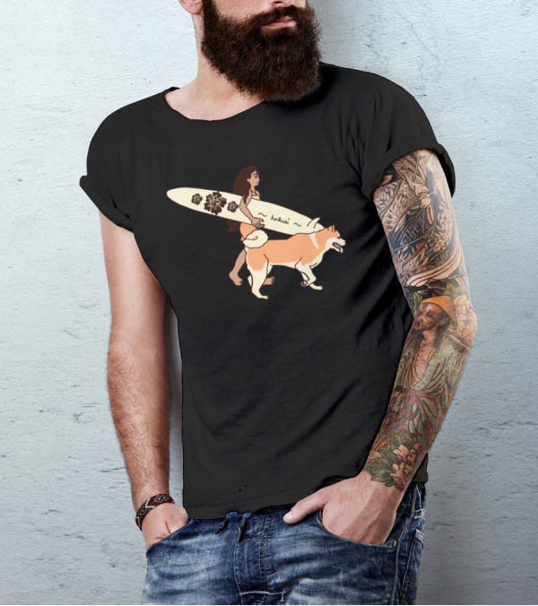 Blossurfing Hakui Surfer Girl With Dog And Floral Surfboard T-Shirt