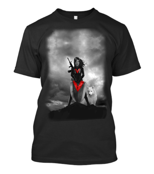 Super Vixen With Shield And White Wolf Cloudy Sky Scene T-Shirt