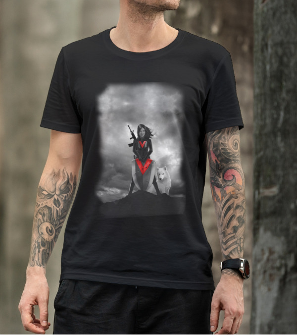 Super Vixen With Shield And White Wolf Cloudy Sky Scene T-Shirt