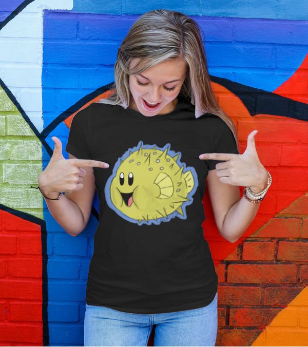 Blow Fish Stic Smiling Puffy Character With Yellow Spikes And Blue Outline T-Shirt