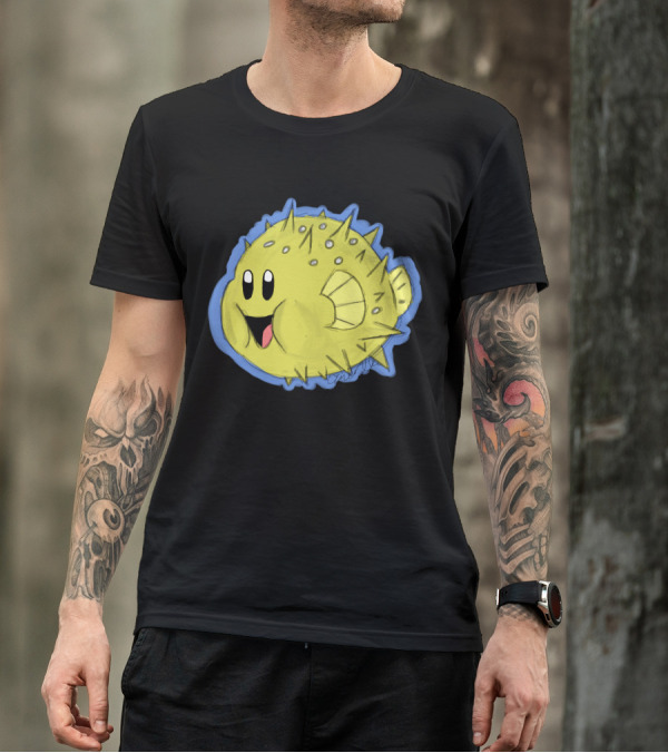 Blow Fish Stic Smiling Puffy Character With Yellow Spikes And Blue Outline T-Shirt