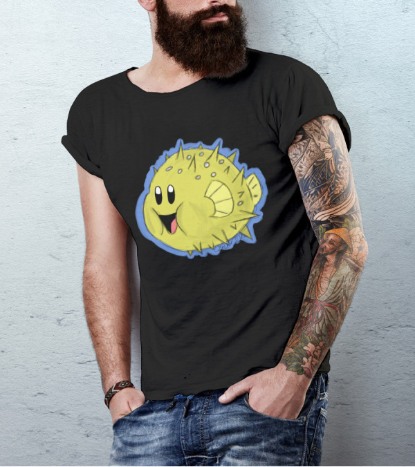 Blow Fish Stic Smiling Puffy Character With Yellow Spikes And Blue Outline T-Shirt