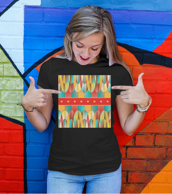 Superb Colors Geometric Pattern With Red Stripe And Yellow Circles T-Shirt