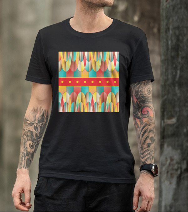Superb Colors Geometric Pattern With Red Stripe And Yellow Circles T-Shirt
