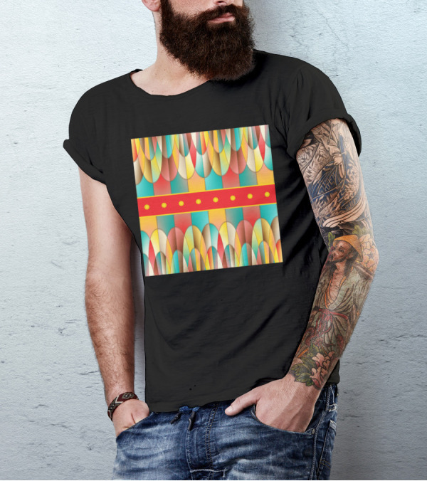 Superb Colors Geometric Pattern With Red Stripe And Yellow Circles T-Shirt
