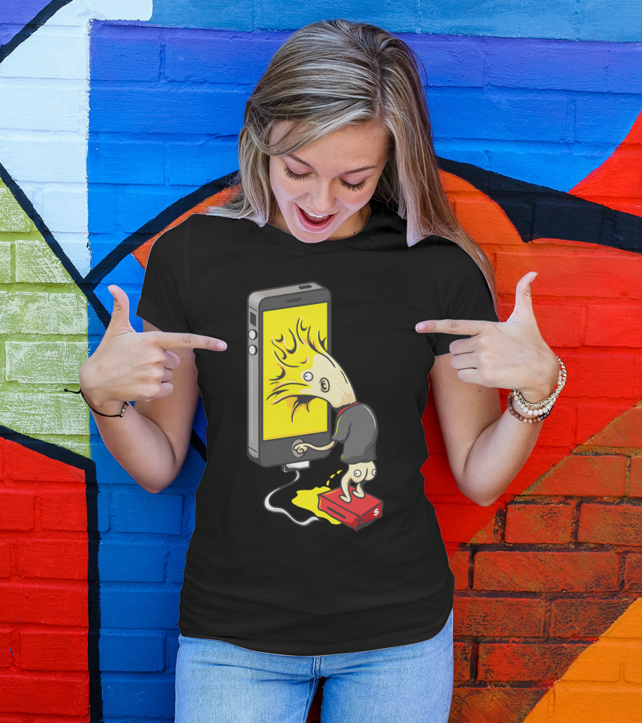 Superb Glue Phone Fusion Creature With Yellow Screen And Red Shoe Plug T-Shirt
