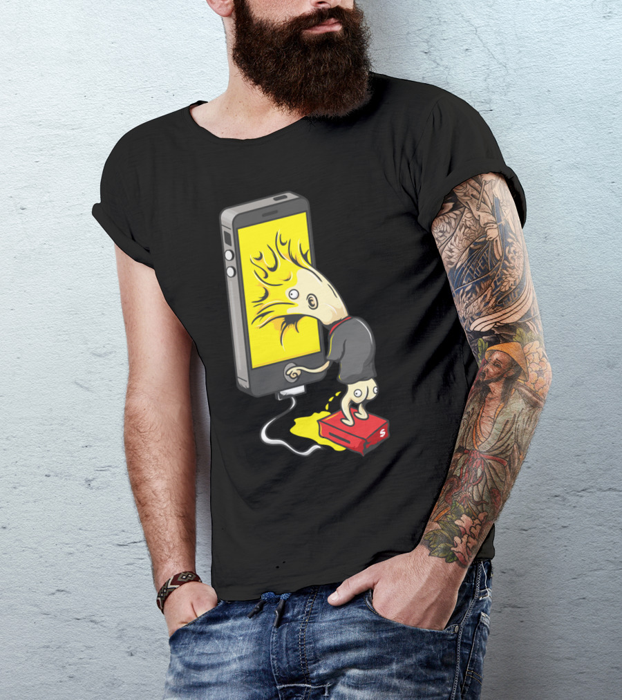 Superb Glue Phone Fusion Creature With Yellow Screen And Red Shoe Plug T-Shirt