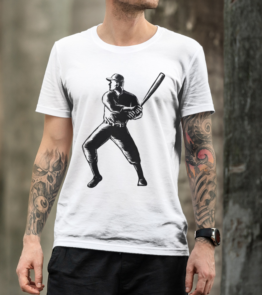 Baseball Player Batting Woodcut T-Shirt