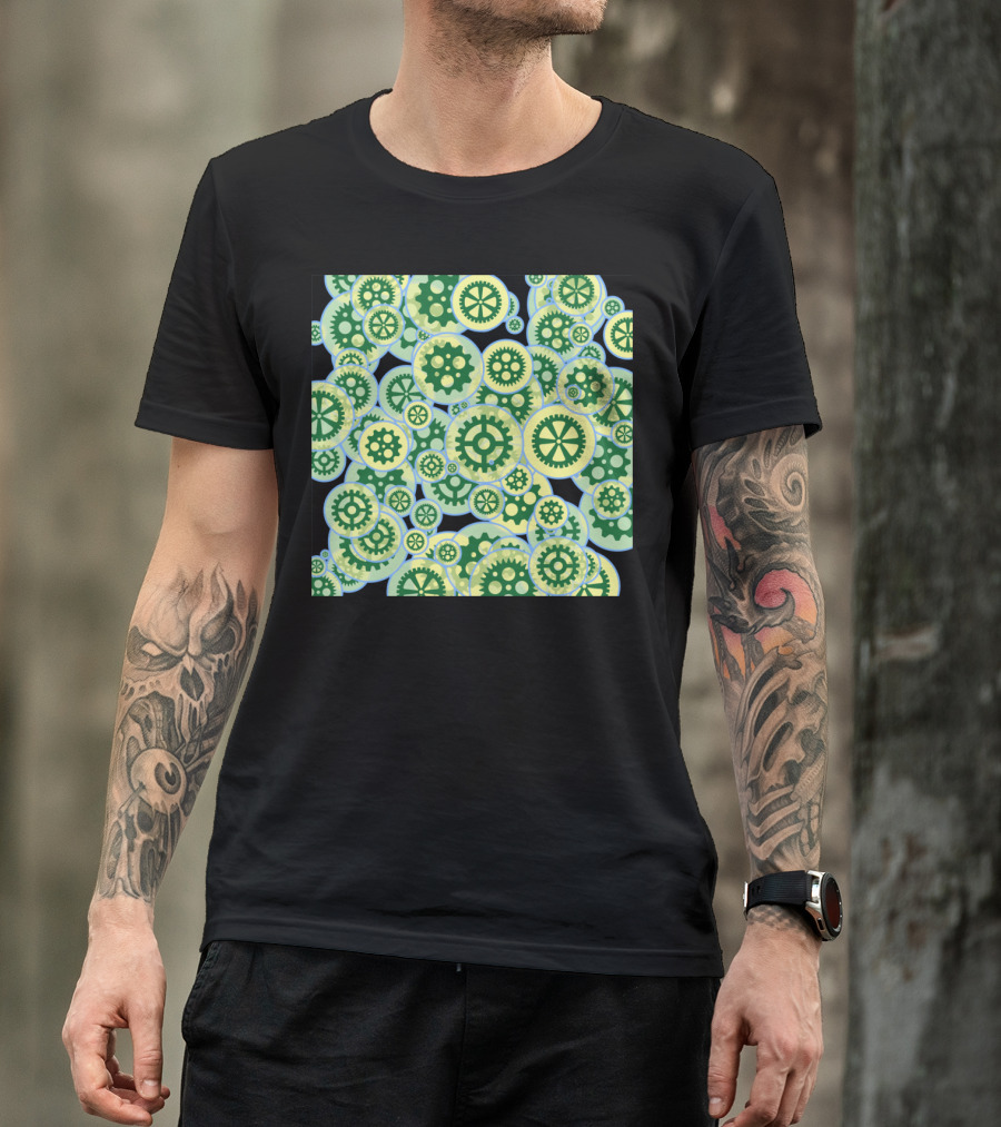 Random Green Gearwheels Pattern Overlapping Circles T-Shirt