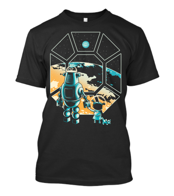Intergalactic Adventure With Robot And Child In Space Window T-Shirt
