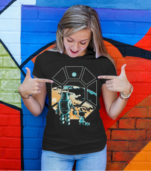 Intergalactic Adventure With Robot And Child In Space Window T-Shirt