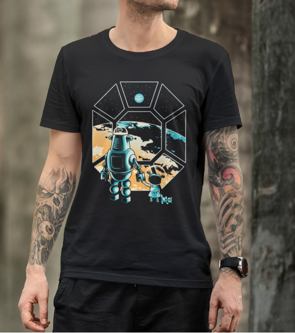 Intergalactic Adventure With Robot And Child In Space Window T-Shirt