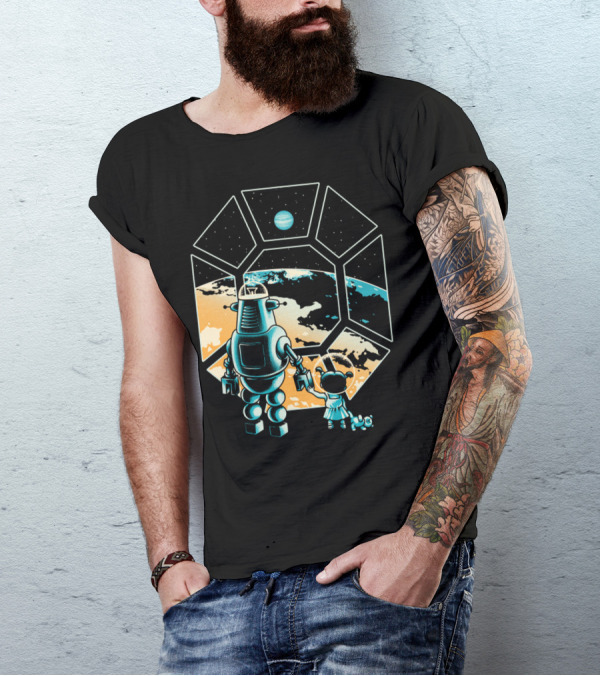 Intergalactic Adventure With Robot And Child In Space Window T-Shirt