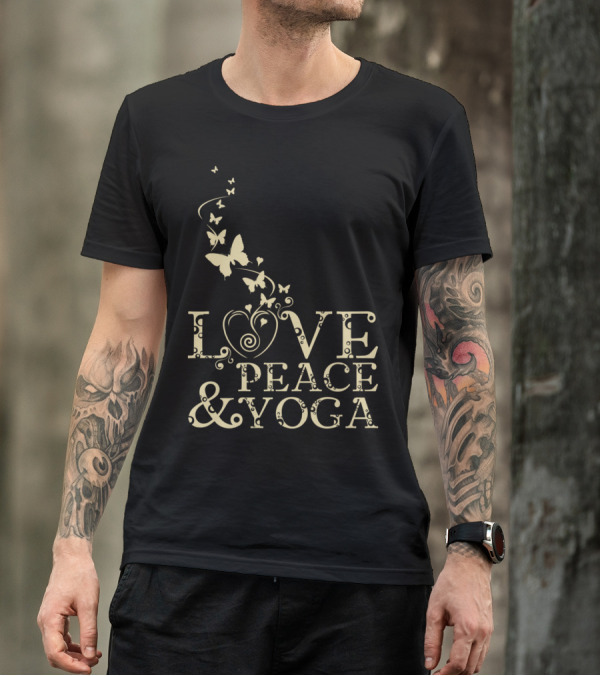 Love Peace And Yoga With Butterfly Motifs T-Shirt