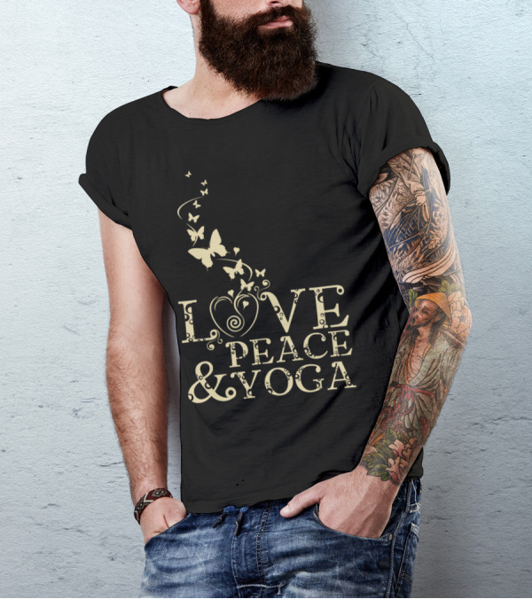 Love Peace And Yoga With Butterfly Motifs T-Shirt